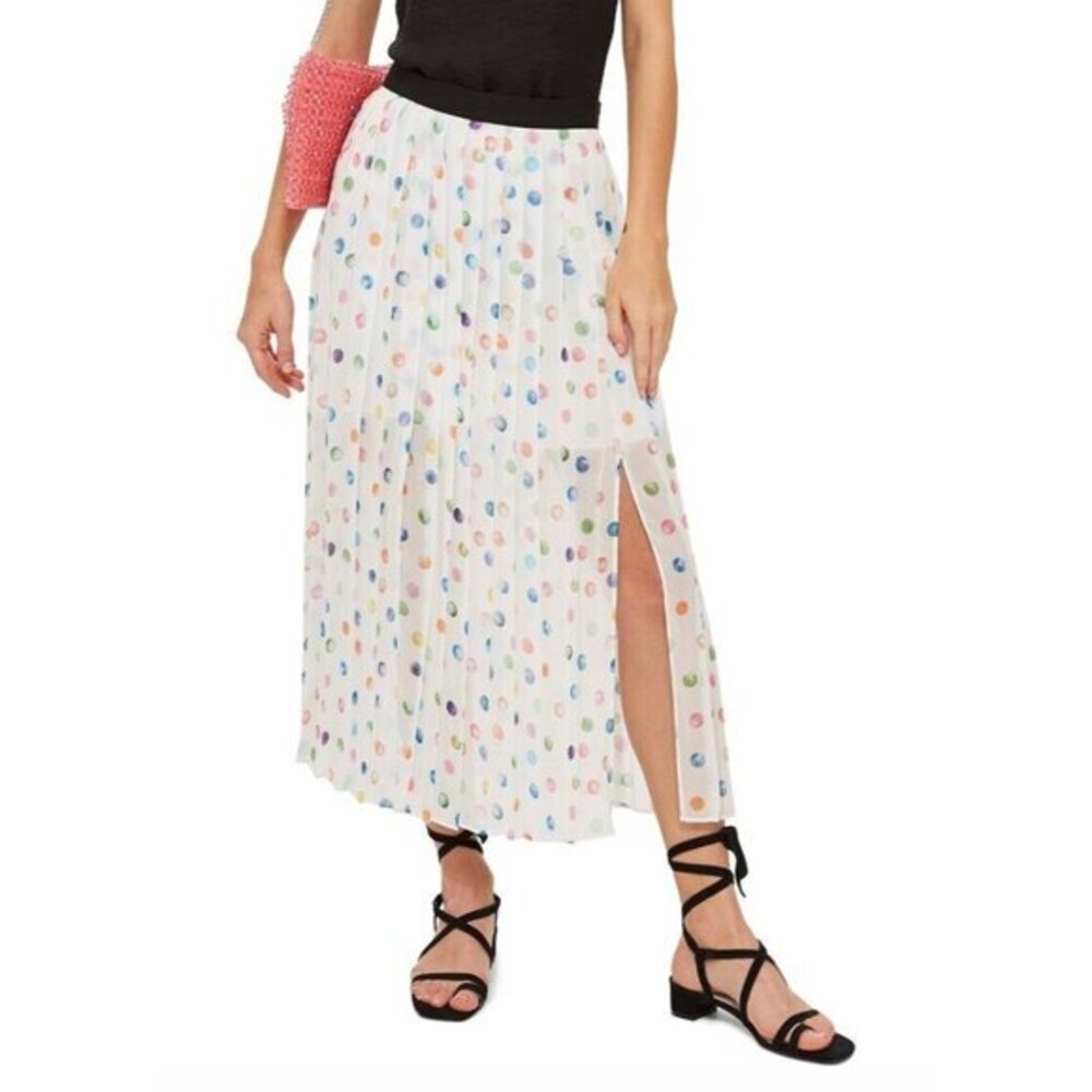 TOPSHOP Pleated Midi Skirt Multi Color Polka Dot White Sheer Slits Sz 4 NEW